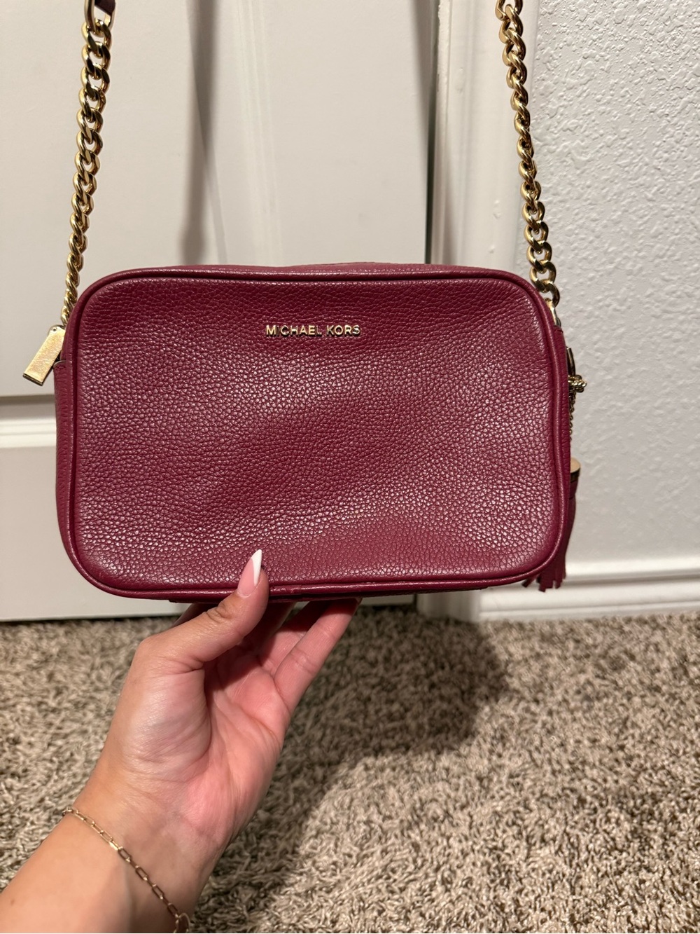 Michael Kors Pebbled Leather Crossbody in Wine with Gold Hardware